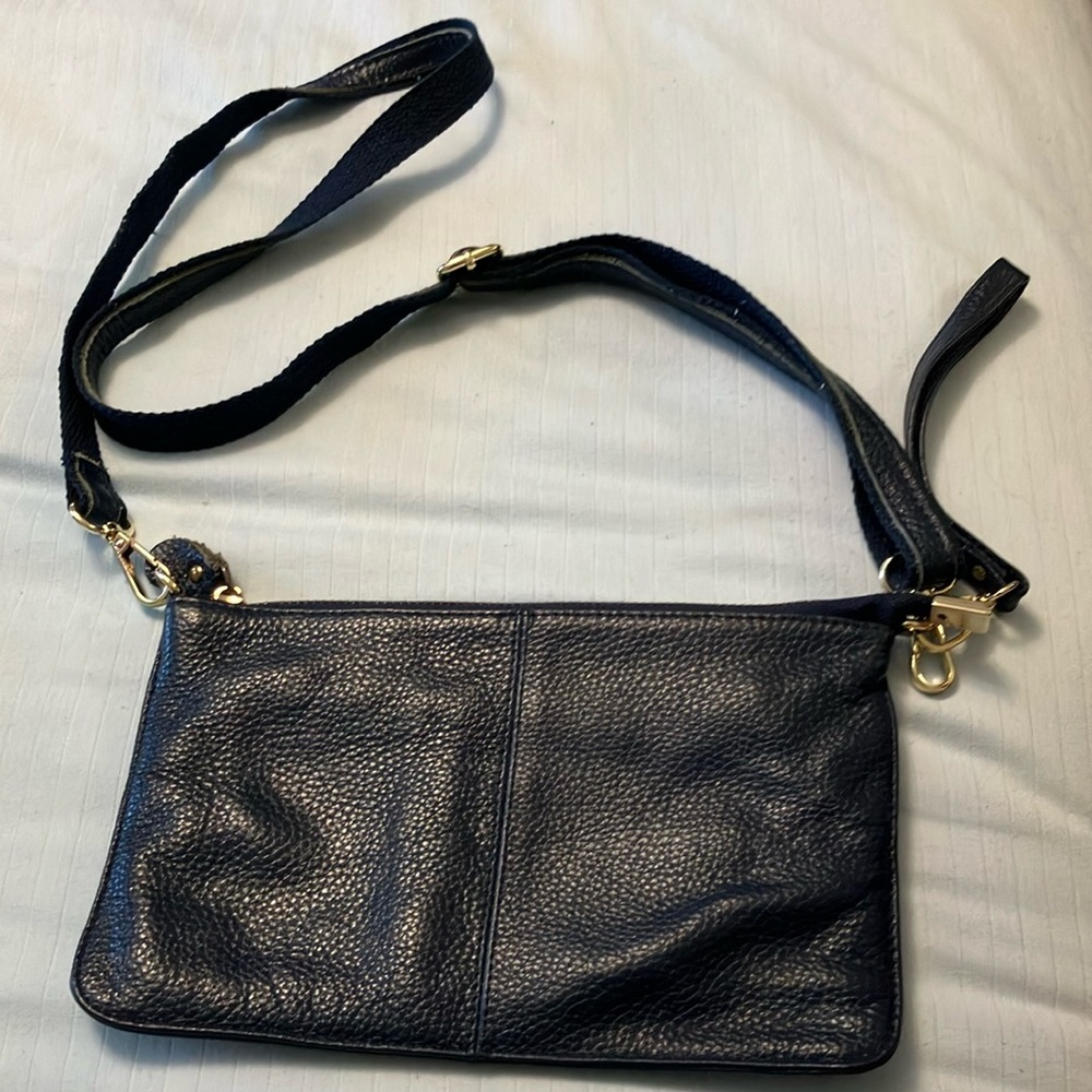 Sleek navy blue Leather Crossbody Bag with Structured Design